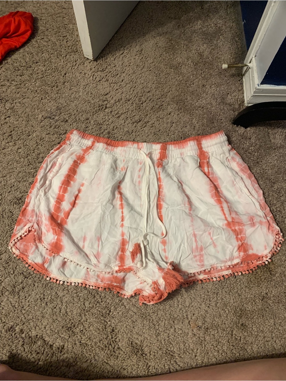 Forever 21 White and Coral Tie-Dye Pom Pom Trim Athletic Shorts